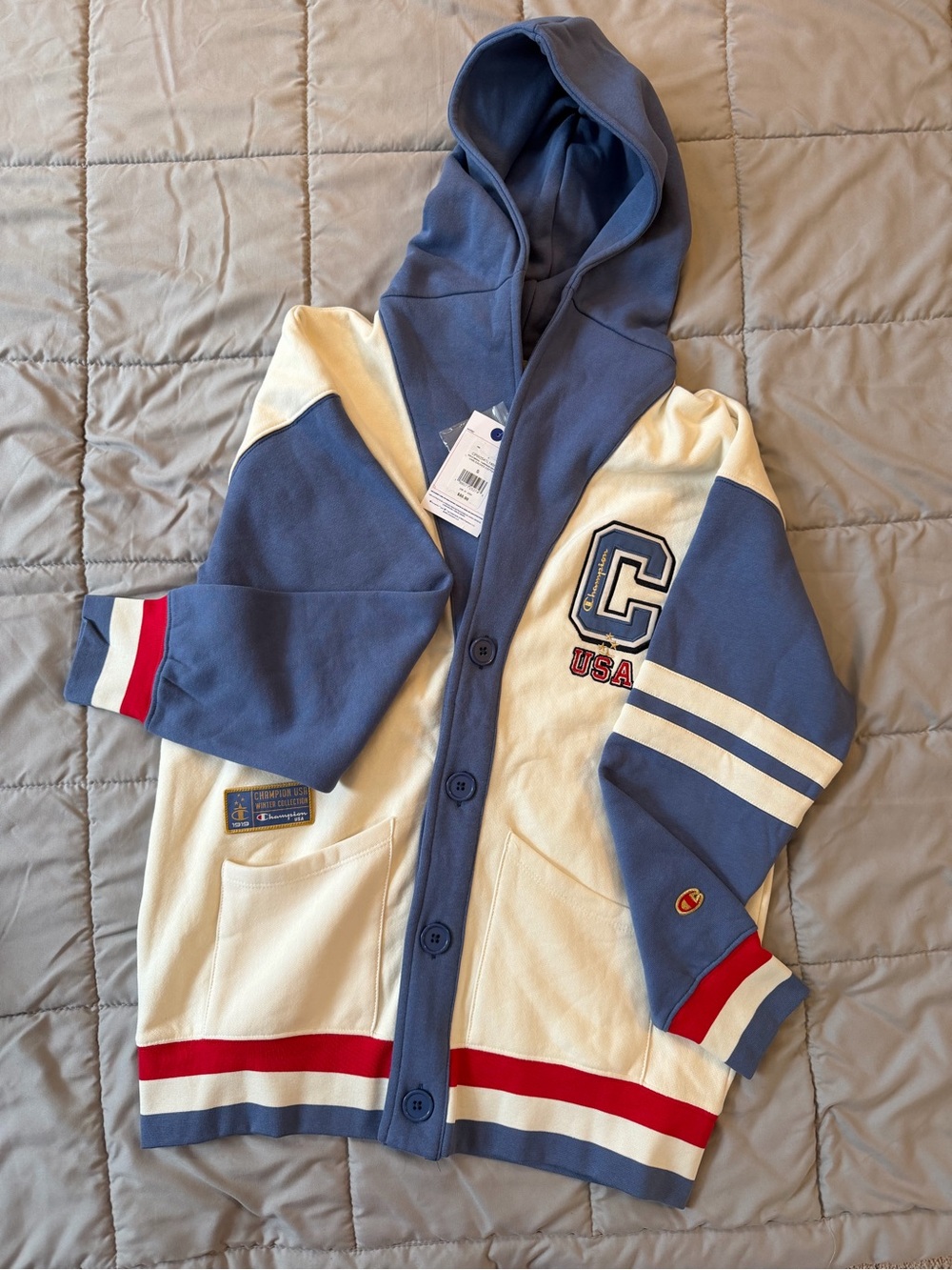 Champion Gold Medal Hooded Cardigan in Blue & Cream